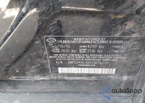 2011 Hyundai Sonata Gls z USA, uszkodzony, nr VIN 5NPEB4AC3BH156782